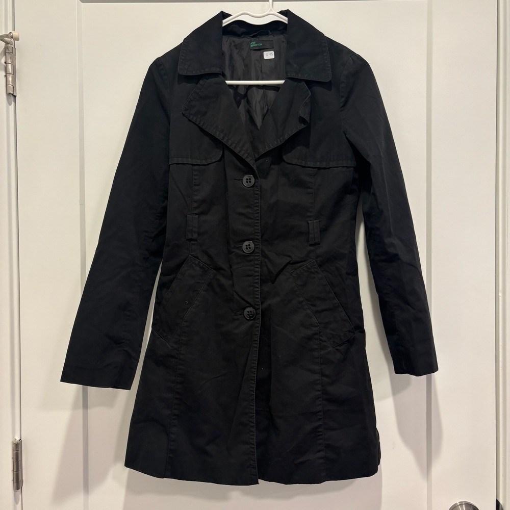Stile Benetton Black Trench Coat Mid Length Button Front Jacket Womens‎ Size 40